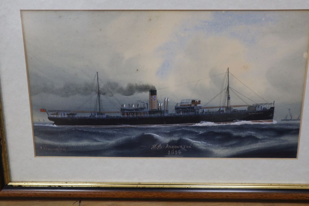 C. Kensington, four gouache and watercolour studies of steamships: SS Sutlej, SS Ashburton, SS Sachem and SS Ionic, largest 28 x 40cm